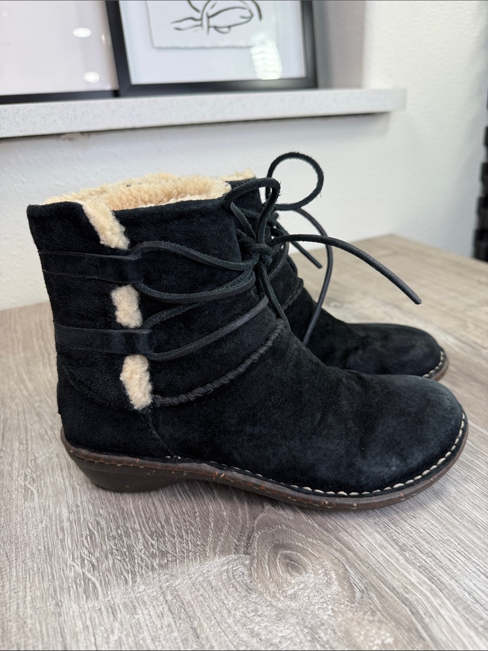 UGG Black Suede Lace-Up Ankle Booties with Shearling Collar